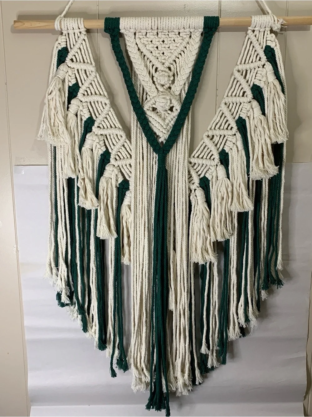 Large Handmade Macrame Wall Hanging in Cream and Dark Green